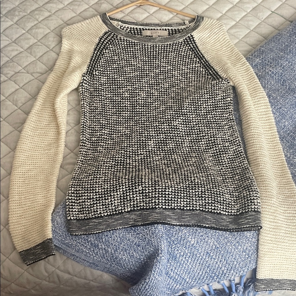 LOFT Black and Cream Crew Neck Sweater